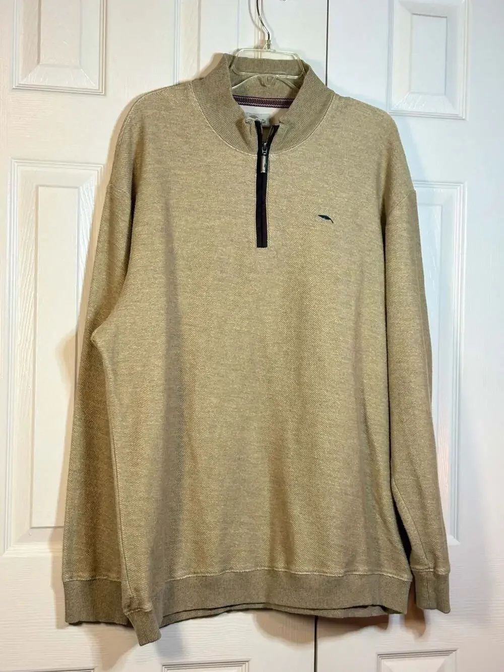 Bob Timberlake Men's Tan Quarter-Zip Pullover Sweater Embroidered Feather Logo